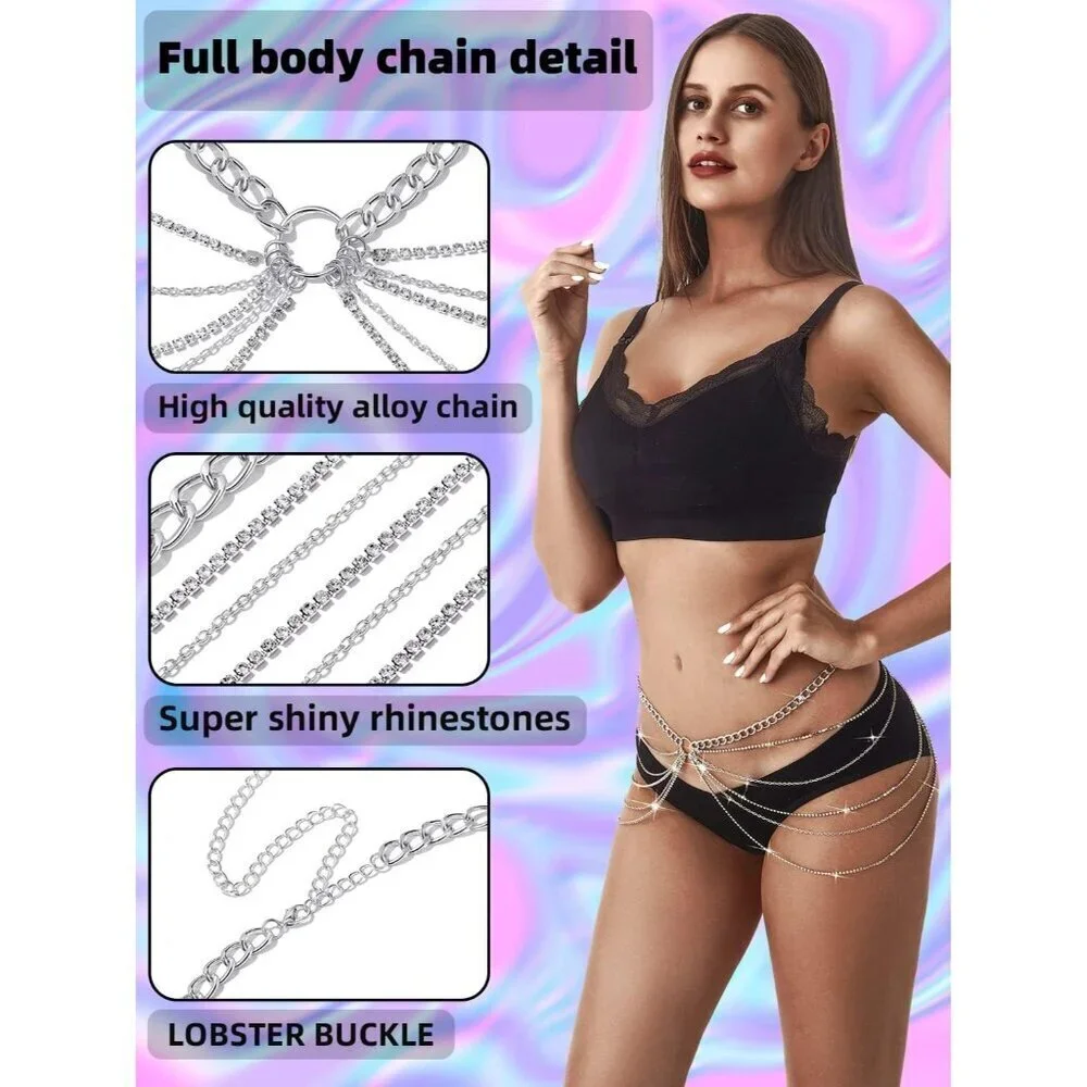 Rhinestone Body Chain Jewelry Alloy Silver Gold Festival Rave Accessories